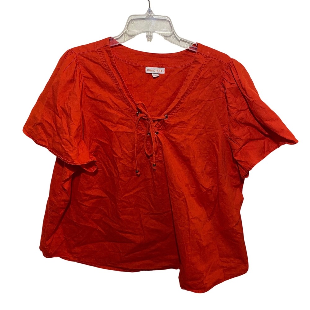 Knox Rose Women Orange Lace Up V-Neck Flutter Sleeve Cotton Blouse Plus Size 2X